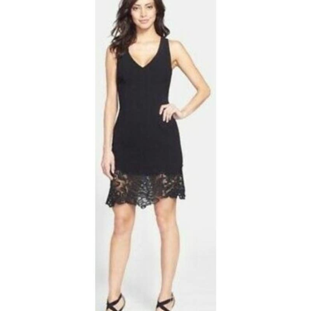 TRINA‎ TURK Black Sleeveless V-Neck Midi Dress Crochet Hem TD140005 Women's 8